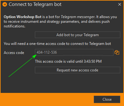 Access code для связки Option Workshop и Telegram