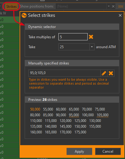 Форма настройки выбора страйков для доски опционов